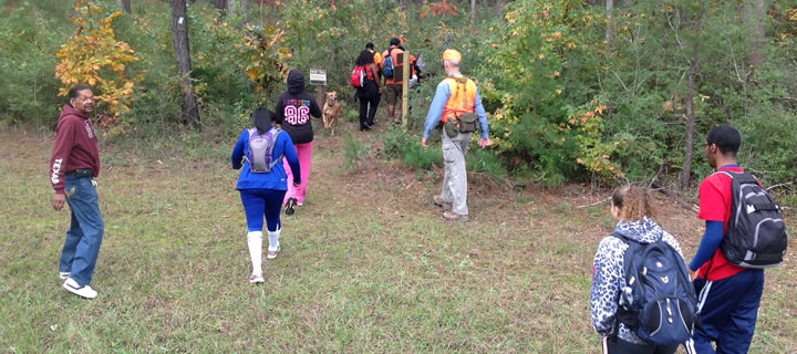 Hiking group entering forest trail