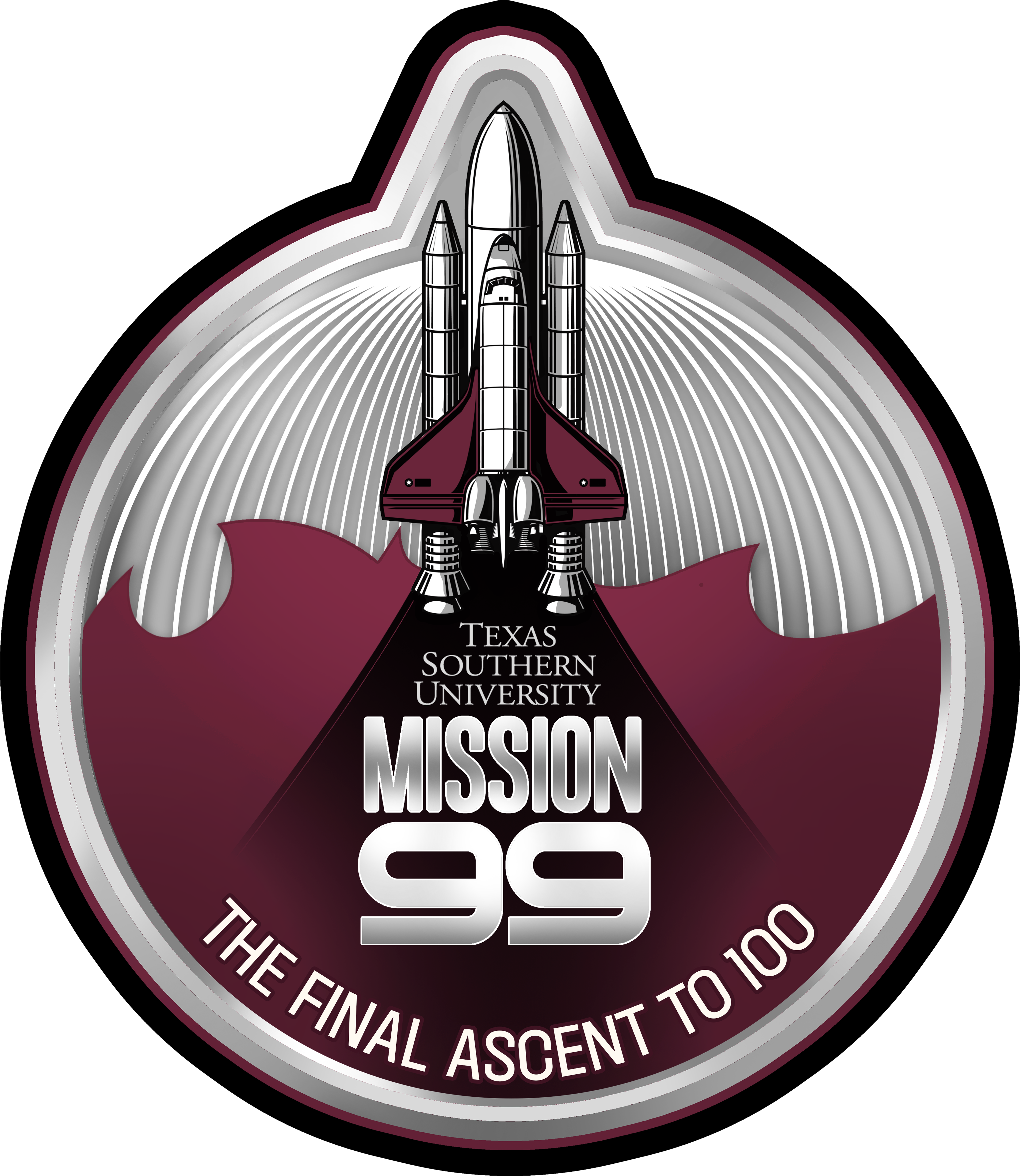 Texas Southern University "Mission 99: The Final Ascent to 100" emblem featuring a space shuttle launching from a maroon and silver badge.